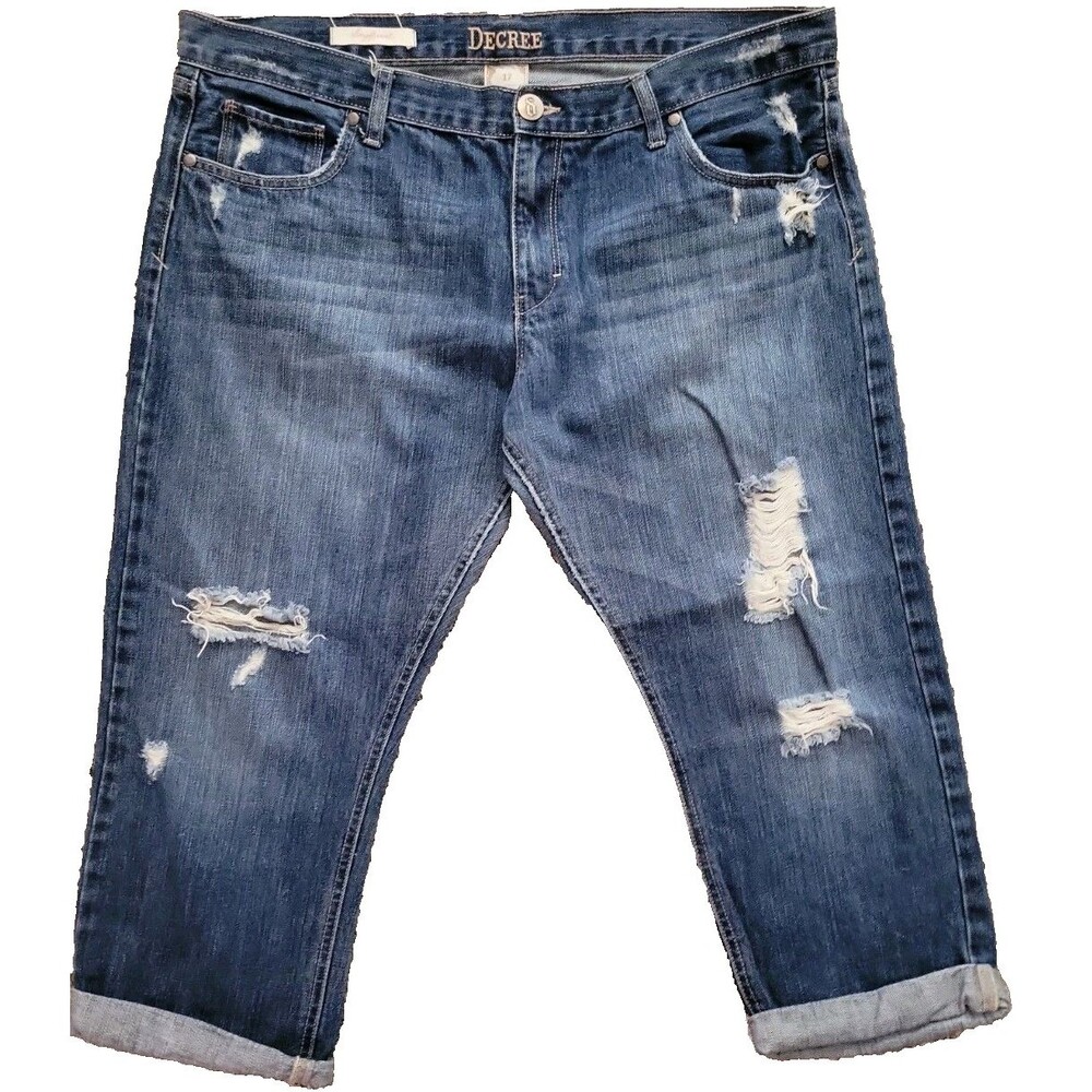 Decree Boyfriend Distressed Blue Capri Cuffed Jeans Jr. Size 17 (Waist 38")